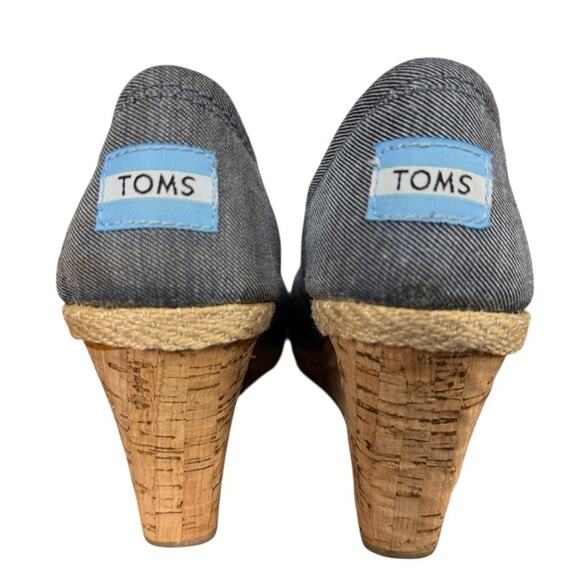 Toms Cork Espadrille Wedge Blue Denim Peep Toe Slip On Shoes Womens sz 7.5 - Picture 11 of 16